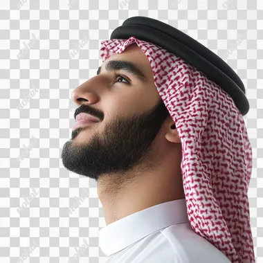 SAUDI MAN SMILING LOOKING UP SIDE VIEW WHITE BACKGROUND