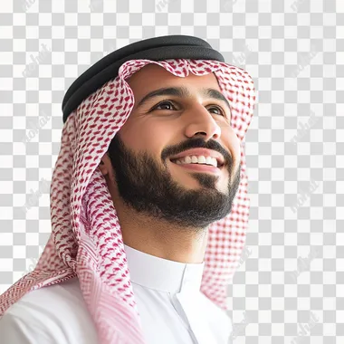 SAUDI MAN SMILING LOOKING UP SIDE VIEW WHITE BACKGROUND