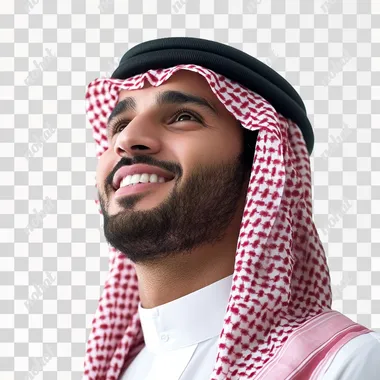 SAUDI MAN SMILING LOOKING UP SIDE VIEW WHITE BACKGROUND