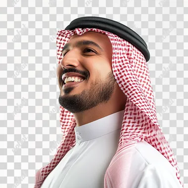SAUDI MAN SMILING LOOKING UP SIDE VIEW WHITE BACKGROUND