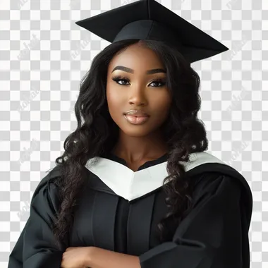 beautiful black young woman in graduation gown. glam style picture, white background