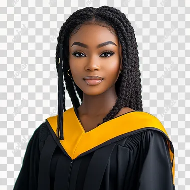 beautiful black young woman in graduation gown. glam style picture, white background