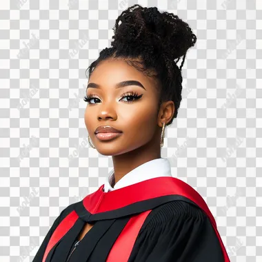 beautiful black young woman in graduation gown. glam style picture, white background
