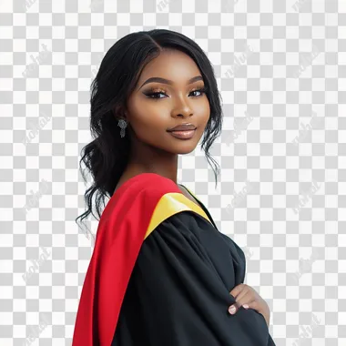 beautiful black young woman in graduation gown. glam style picture, white background