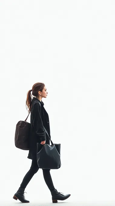 A walking girl, holding a bag, side view, white background, photography style, 8K,