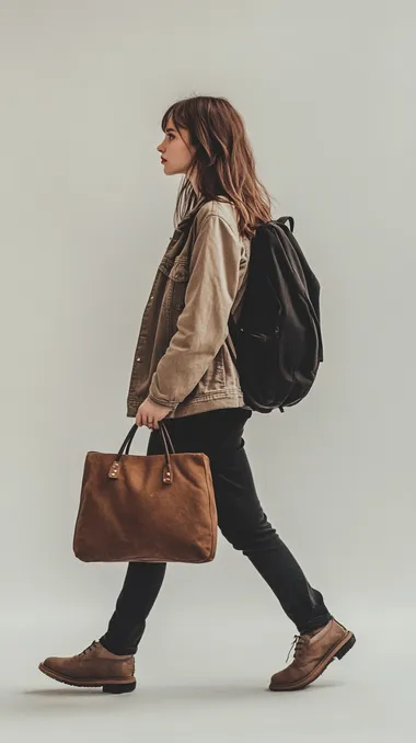 A walking girl, holding a bag, side view, white background, photography style, 8K,