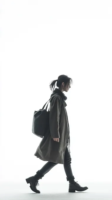 A walking girl, holding a bag, side view, white background, photography style, 8K,
