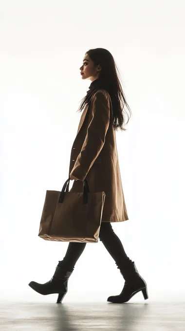 A walking girl, holding a bag, side view, white background, photography style, 8K,