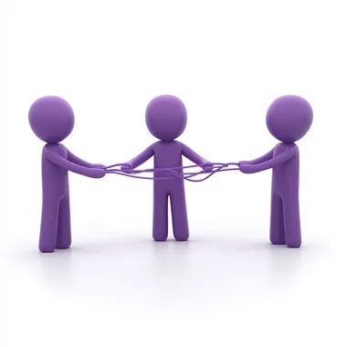 an infographic. white background. 3 3d stick figures. One in the middle holding a connecting wire. This image will represent people connection. The three figures are purple.