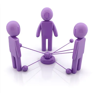 an infographic. white background. 3 3d stick figures. One in the middle holding a connecting wire. This image will represent people connection. The three figures are purple.