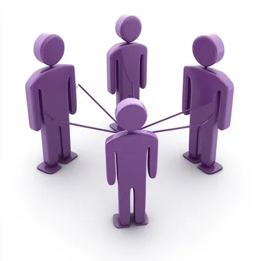 an infographic. white background. 3 3d stick figures. One in the middle holding a connecting wire. This image will represent people connection. The three figures are purple.