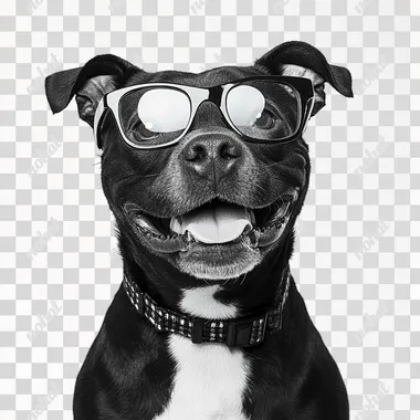 A black and white professional photography portrait of an smile Staffordshire Bull Terrier dog wearing spectacles. white background