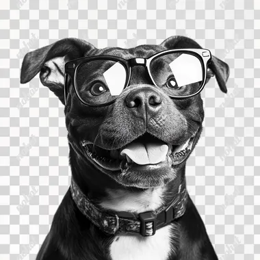 A black and white professional photography portrait of an smile Staffordshire Bull Terrier dog wearing spectacles. white background