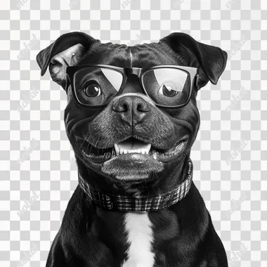 A black and white professional photography portrait of an smile Staffordshire Bull Terrier dog wearing spectacles. white background