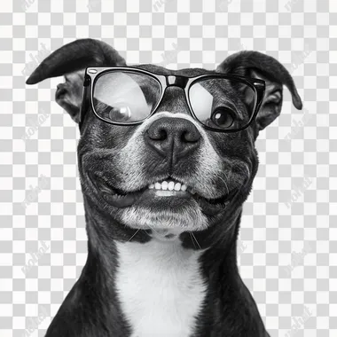 A black and white professional photography portrait of an smile Staffordshire Bull Terrier dog wearing spectacles. white background
