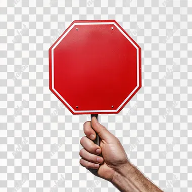 A hand holding a big red stop sign. Isolated background, white background