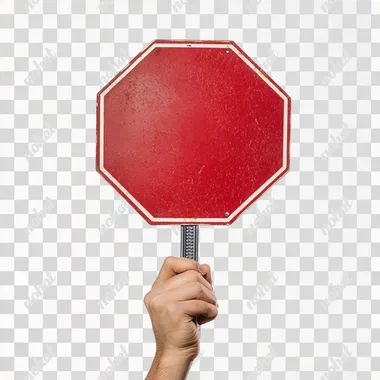 A hand holding a big red stop sign. Isolated background, white background