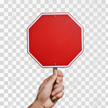A hand holding a big red stop sign. Isolated background, white background