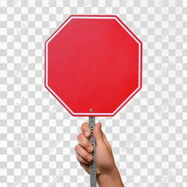A hand holding a big red stop sign. Isolated background, white background