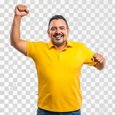 Photograph of a handsome, 45-year-old Peruvian Latin man, celebrating effusively, with a raised hand, dressed in victory, in a yellow sports shirt and jeans. Isolated on a white background.