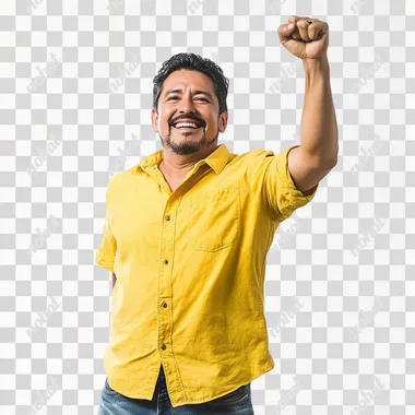 Photograph of a handsome, 45-year-old Peruvian Latin man, celebrating effusively, with a raised hand, dressed in victory, in a yellow sports shirt and jeans. Isolated on a white background.