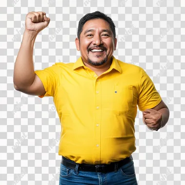 Photograph of a handsome, 45-year-old Peruvian Latin man, celebrating effusively, with a raised hand, dressed in victory, in a yellow sports shirt and jeans. Isolated on a white background.