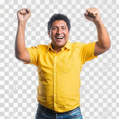 Photograph of a handsome, 45-year-old Peruvian Latin man, celebrating effusively, with a raised hand, dressed in victory, in a yellow sports shirt and jeans. Isolated on a white background.