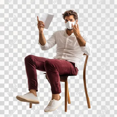 English man sitting on a chair with his legs crossed in a position wearing a mask he is holding as if he was taking it off he is wearing a white shirt and maroon pants he is about 28 years old he has a speech script in his hand he is a lying actor reciting part of his line from the play studio photo - portrait style photo with white background perfect for putting a biography
