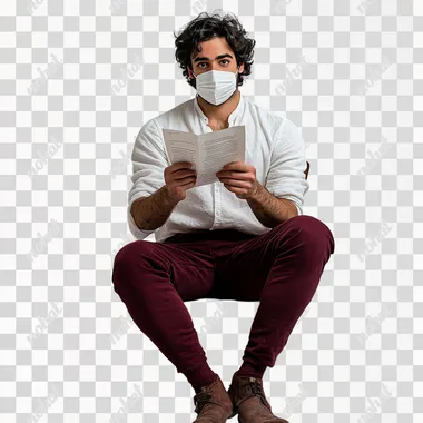 English man sitting on a chair with his legs crossed in a position wearing a mask he is holding as if he was taking it off he is wearing a white shirt and maroon pants he is about 28 years old he has a speech script in his hand he is a lying actor reciting part of his line from the play studio photo - portrait style photo with white background perfect for putting a biography