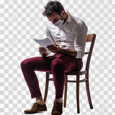 English man sitting on a chair with his legs crossed in a position wearing a mask he is holding as if he was taking it off he is wearing a white shirt and maroon pants he is about 28 years old he has a speech script in his hand he is a lying actor reciting part of his line from the play studio photo - portrait style photo with white background perfect for putting a biography