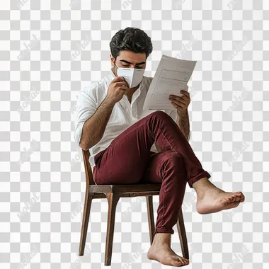 English man sitting on a chair with his legs crossed in a position wearing a mask he is holding as if he was taking it off he is wearing a white shirt and maroon pants he is about 28 years old he has a speech script in his hand he is a lying actor reciting part of his line from the play studio photo - portrait style photo with white background perfect for putting a biography