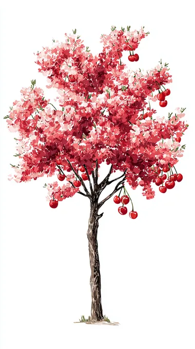 Cherry tree, cute cherry shape, hand drawn elements, high detail