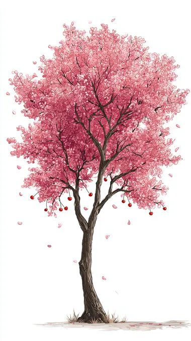 Cherry tree, cute cherry shape, hand drawn elements, high detail