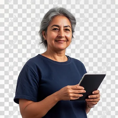 happy 45 year old brazilian woman with an ipad in her hand dark blue shirt he owns a store white background studio photo.