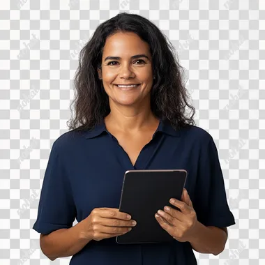happy 45 year old brazilian woman with an ipad in her hand dark blue shirt he owns a store white background studio photo.