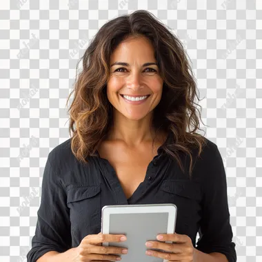 happy 45 year old brazilian woman with an ipad in her hand dark blue shirt he owns a store white background studio photo.