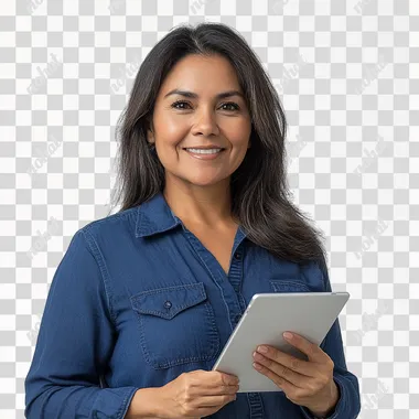 happy 45 year old brazilian woman with an ipad in her hand dark blue shirt he owns a store white background studio photo.