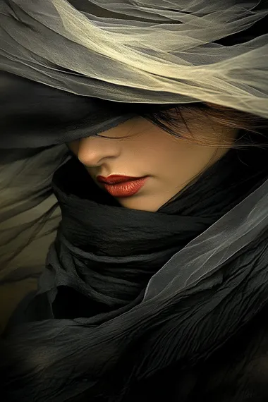 A beautiful woman in a dark room, with red lips and pale skin, a white veil over her face, satin fabric, shadows, in the style of fantasy art, hyper-realistic, with cinematic lighting, rim lighting, a soft glow in the background, and dark colors, using the chiaroscuro technique.   3w7vxeo --s 400