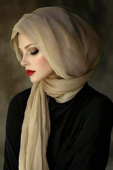 A beautiful woman in a dark room, with red lips and pale skin, a white veil over her face, satin fabric, shadows, in the style of fantasy art, hyper-realistic, with cinematic lighting, rim lighting, a soft glow in the background, and dark colors, using the chiaroscuro technique.   3w7vxeo --s 400