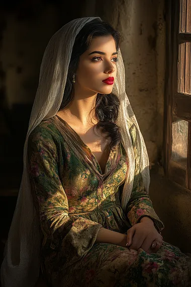 A beautiful woman in a dark room, with red lips and pale skin, a white veil over her face, satin fabric, shadows, in the style of fantasy art, hyper-realistic, with cinematic lighting, rim lighting, a soft glow in the background, and dark colors, using the chiaroscuro technique.   3w7vxeo --s 400