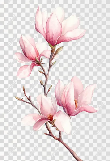 Watercolor pink magnolia flower on a white background, clipart.