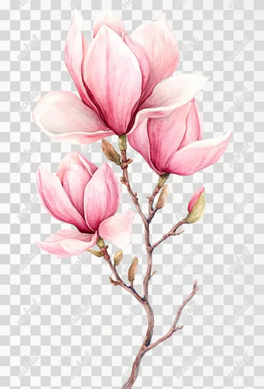 Watercolor pink magnolia flower on a white background, clipart.