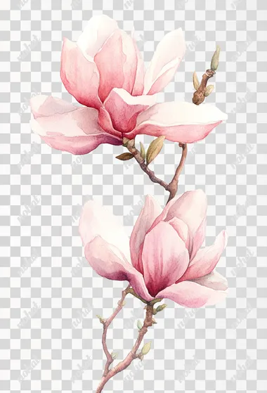 Watercolor pink magnolia flower on a white background, clipart.
