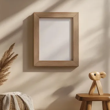 a photo-realistic empty wooden picture frame, fits a 4:5 ratio picture, mockup hanging on a beige wall background. Kids bedroom themed, mid-century modern room, product shot