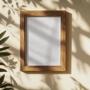 a photo-realistic empty wooden picture frame, fits a 4:5 ratio picture, mockup hanging on a beige wall background. Kids bedroom themed, mid-century modern room, product shot