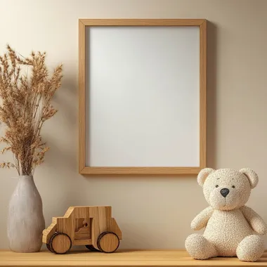 a photo-realistic empty wooden picture frame, fits a 4:5 ratio picture, mockup hanging on a beige wall background. Kids bedroom themed, mid-century modern room, product shot