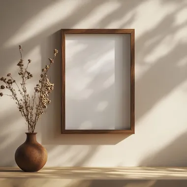 a photo-realistic empty wooden picture frame, fits a 4:5 ratio picture, mockup hanging on a beige wall background. Kids bedroom themed, mid-century modern room, product shot