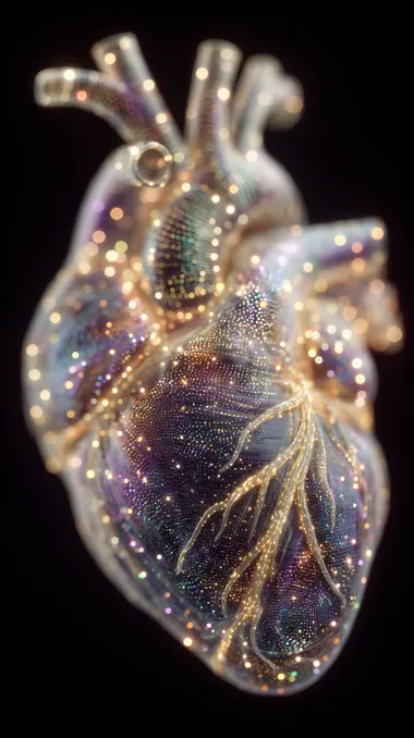 a human heart made of glowing LED dots and digital particles, bioluminescent point cloud, futuristic light sculpture, hyper-detailed, 3D render, vibrant colors on a black background, synthetic texture, soft glow, high contrast, volumetric lighting   --exp 25 --raw