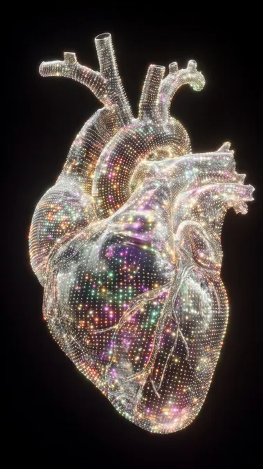 a human heart made of glowing LED dots and digital particles, bioluminescent point cloud, futuristic light sculpture, hyper-detailed, 3D render, vibrant colors on a black background, synthetic texture, soft glow, high contrast, volumetric lighting   --exp 25 --raw