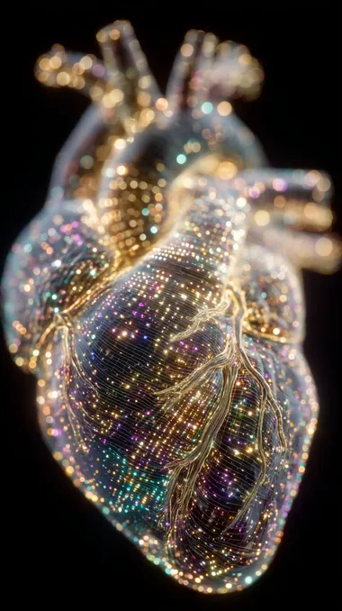a human heart made of glowing LED dots and digital particles, bioluminescent point cloud, futuristic light sculpture, hyper-detailed, 3D render, vibrant colors on a black background, synthetic texture, soft glow, high contrast, volumetric lighting   --exp 25 --raw
